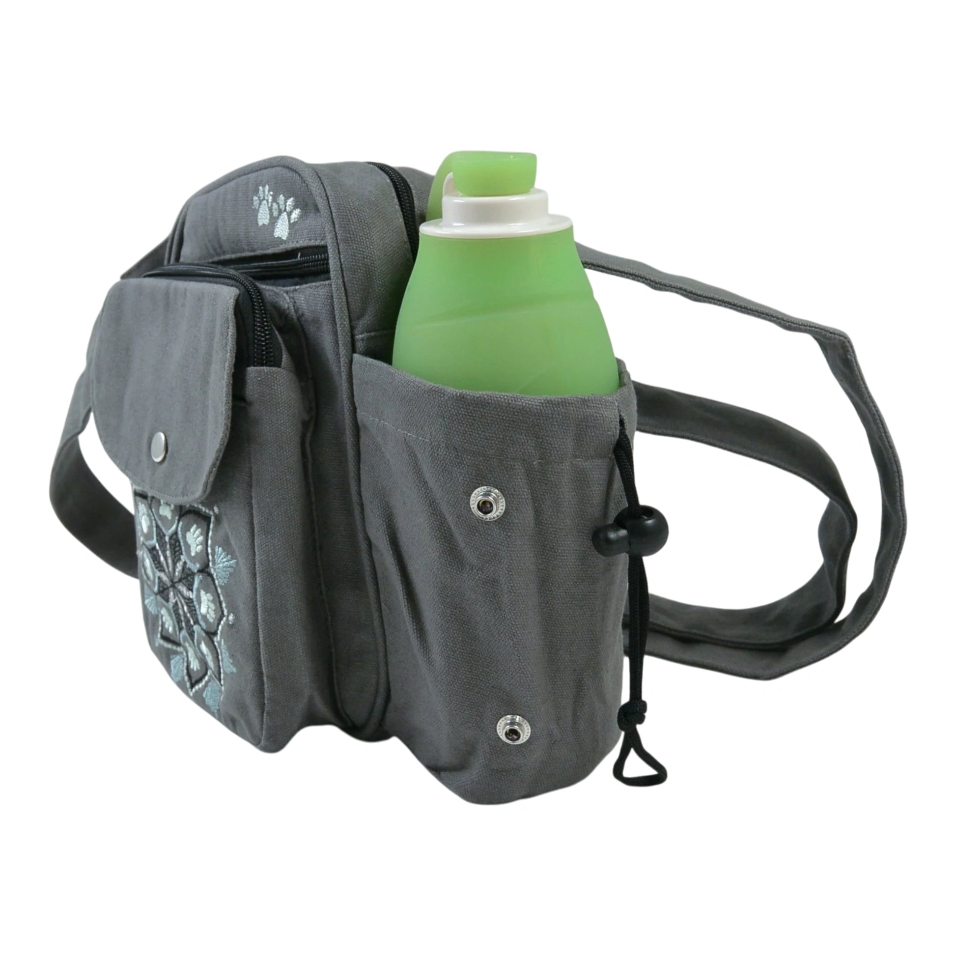 Graue Canvas Gassi-Tasche Konstanz mit seitlichem Getränkehalter für Wasserflaschen oder Hundetrinkflaschen