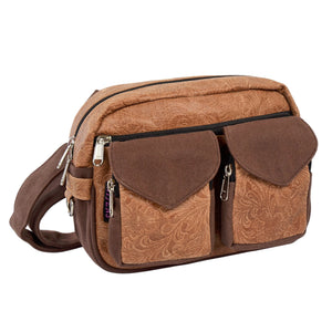 Gassitasche in Braun mit geprägtem Blumenmuster aus echtem Leder, Vorderansicht mit zwei Vordertaschen.