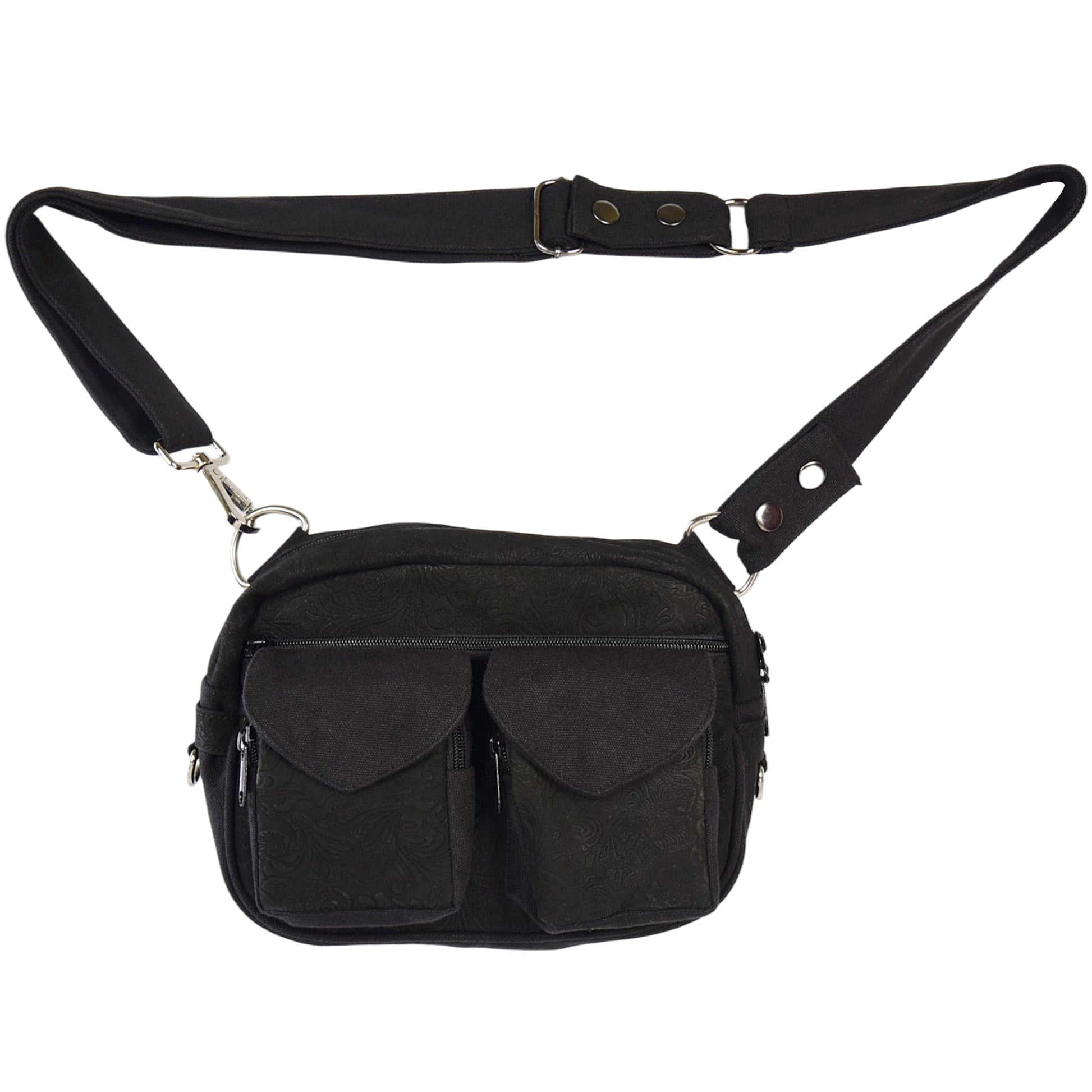 Gassitasche Modell BERLIN aus echtem Leder in Schwarz mit floraler Prägung, zwei Fronttaschen mit Überschlag und verstellbarem Gurt, ideal für Hundespaziergänge. Nijens Shop