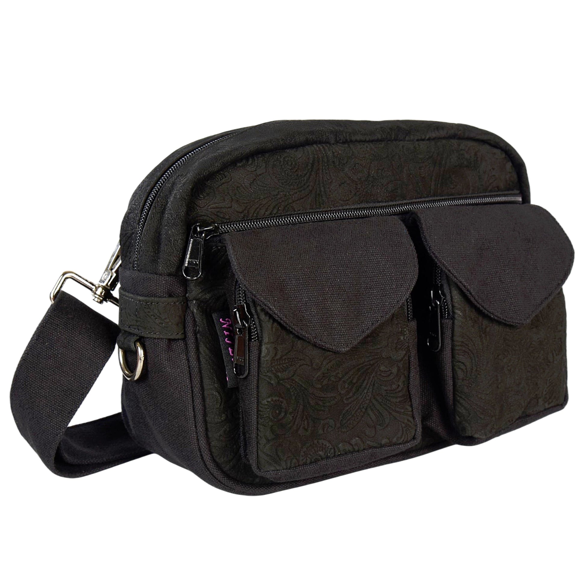 Gassitasche Modell Berlin in Schwarz mit geprägtem Blumenmuster aus echtem Leder, Vorderansicht mit zwei Vordertaschen.