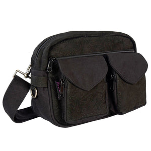 Gassitasche Modell Berlin in Schwarz mit geprägtem Blumenmuster aus echtem Leder, Vorderansicht mit zwei Vordertaschen.