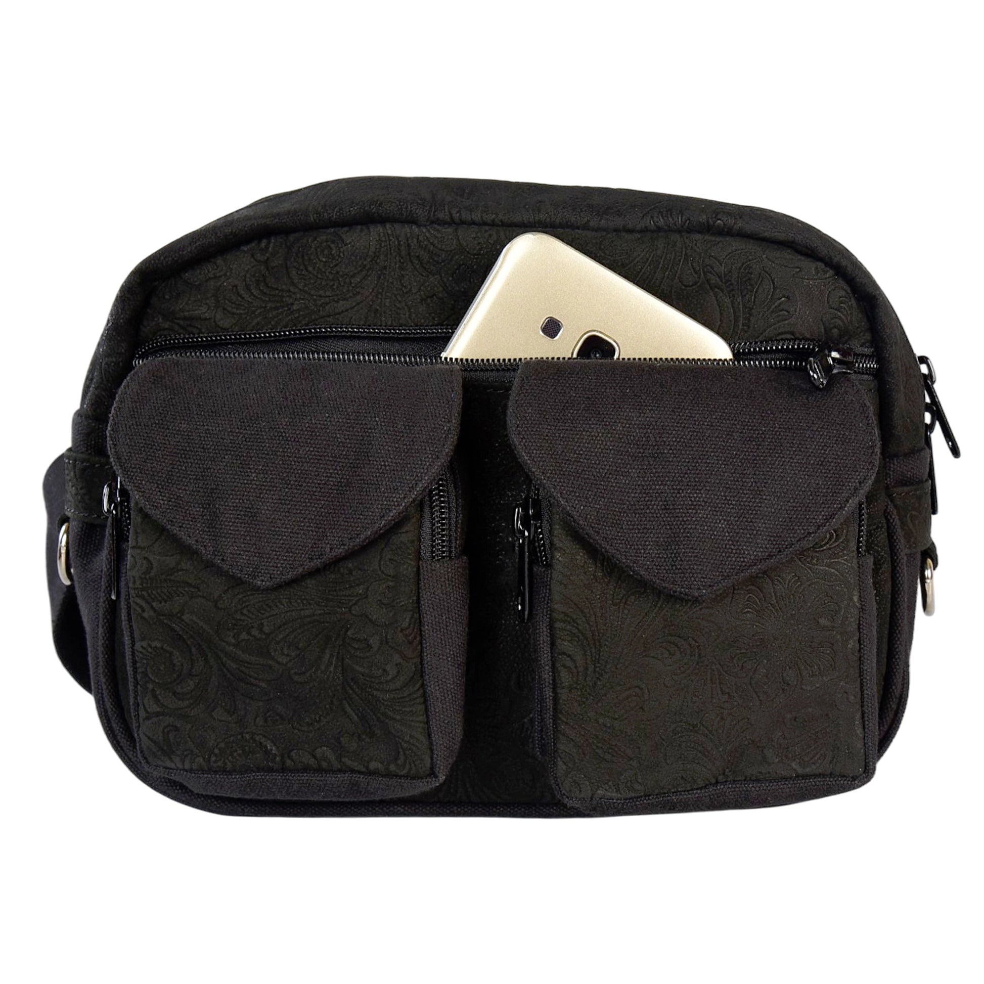 Gassitasche Modell Berlin aus echtem Leder und Canvas in Schwarz mit floraler Prägung, zeigt Smartphone in Frontfach.