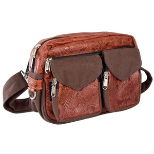 Gassitasche Modell Berlin aus echtem Leder und Canvas in Brandy mit floraler Prägung. Nijens Shop