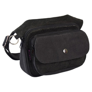 Seitenansicht der Schwarze Hüfttasche aus Leder mit floralem Muster – Vorderansicht mit sichtbaren Fächern und Details