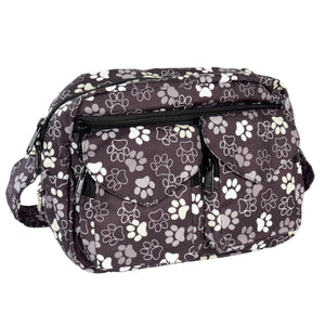 Wasserabweisende Gassi-Tasche in Schwarz-WeiĂ mit stilvollem Pfoten-Design, 6 FĂ€chern & Leckerli-Taschen. Ideal fĂŒr stilbewusste Hundebesitzer â als Bauchtasche oder UmhĂ€ngetasche.