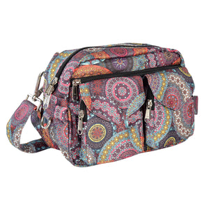 Bunte, wasserabweisende Gassitasche mit Mandala-Design, besitzt vier praktische Fächer zum Verstauen von Handy, Schlüssel und anderen Dingen sowie zwei aufgesetzte Leckerli-Taschen – ideal für Hundespaziergänge und Training.– Modell 'Berlin 71084' von Nijens.