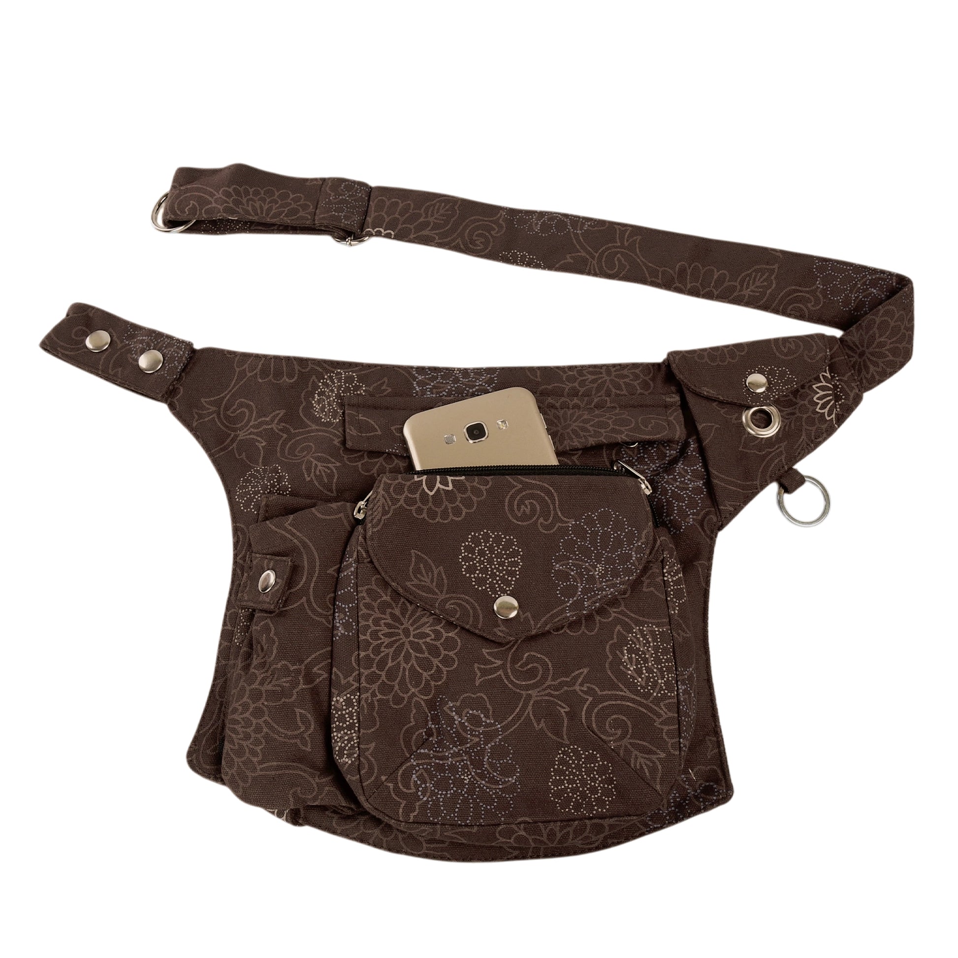 Braune Gassi-Tasche mit Handy im Reißverschlussfach auf der Vorderseite.