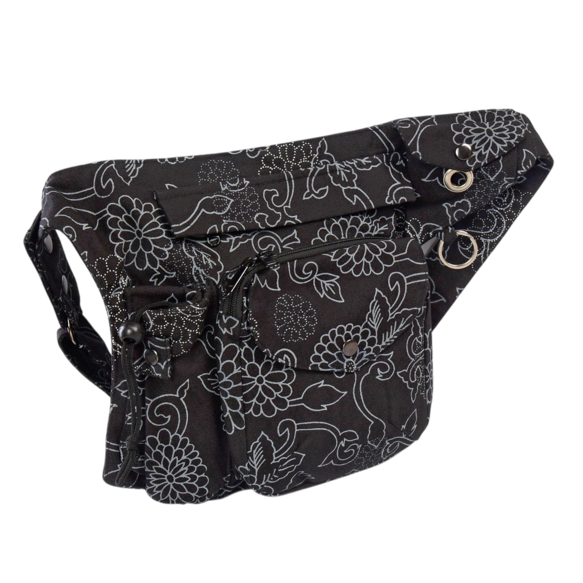 Seitenansicht der schwarzen Gassi-Tasche mit Blumenmuster.