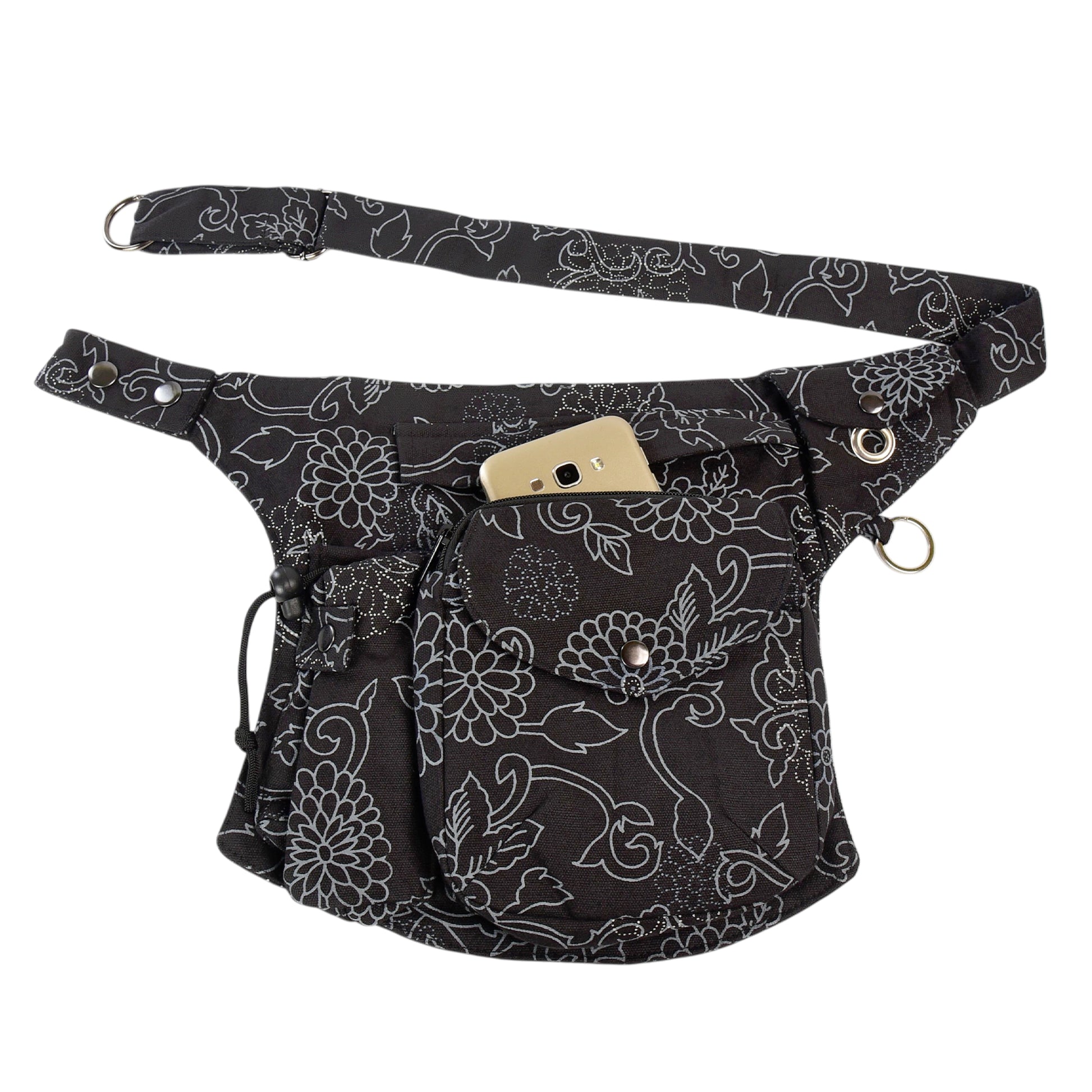 Schwarze Gassi-Tasche mit Handy im Reißverschlussfach auf der Vorderseite