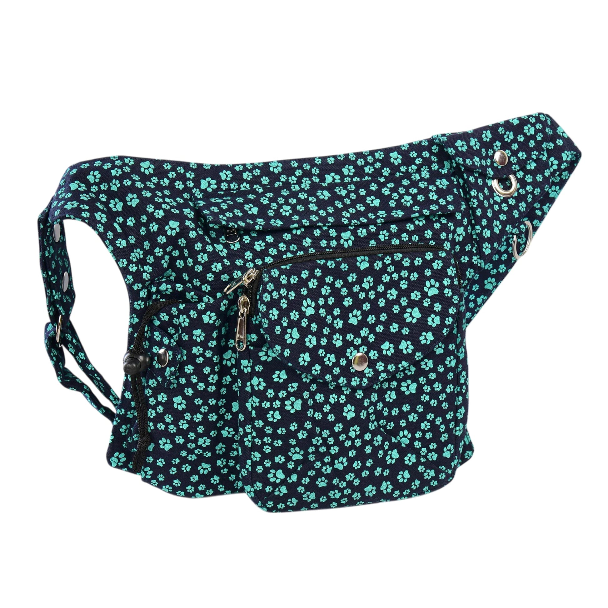 Vorderseite der Gassi-Tasche aus Canvas mit mintfarbenem Pfotenmuster. Nijens Shop