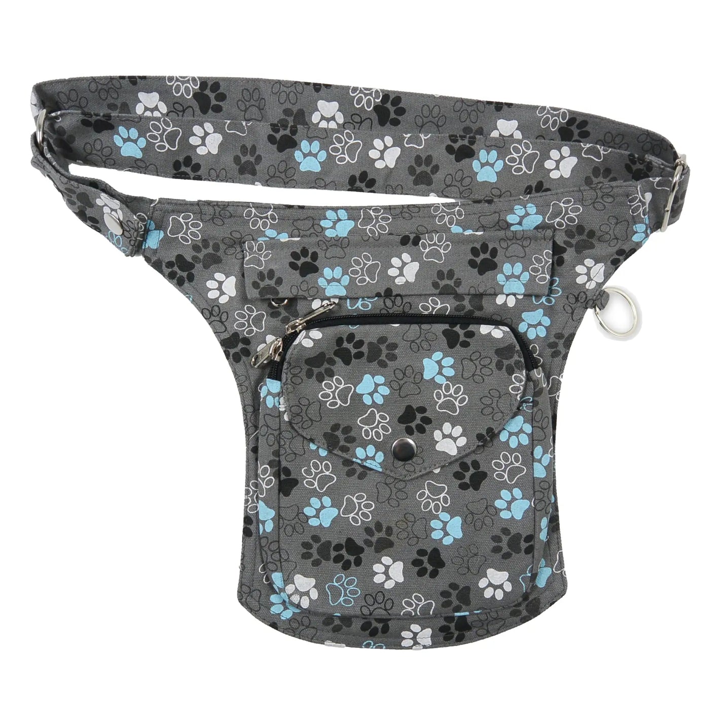Vorderseite der Gassi-Tasche Barcelona in Grau mit stilvollem Pfotenmuster und Druckknopfverschluss