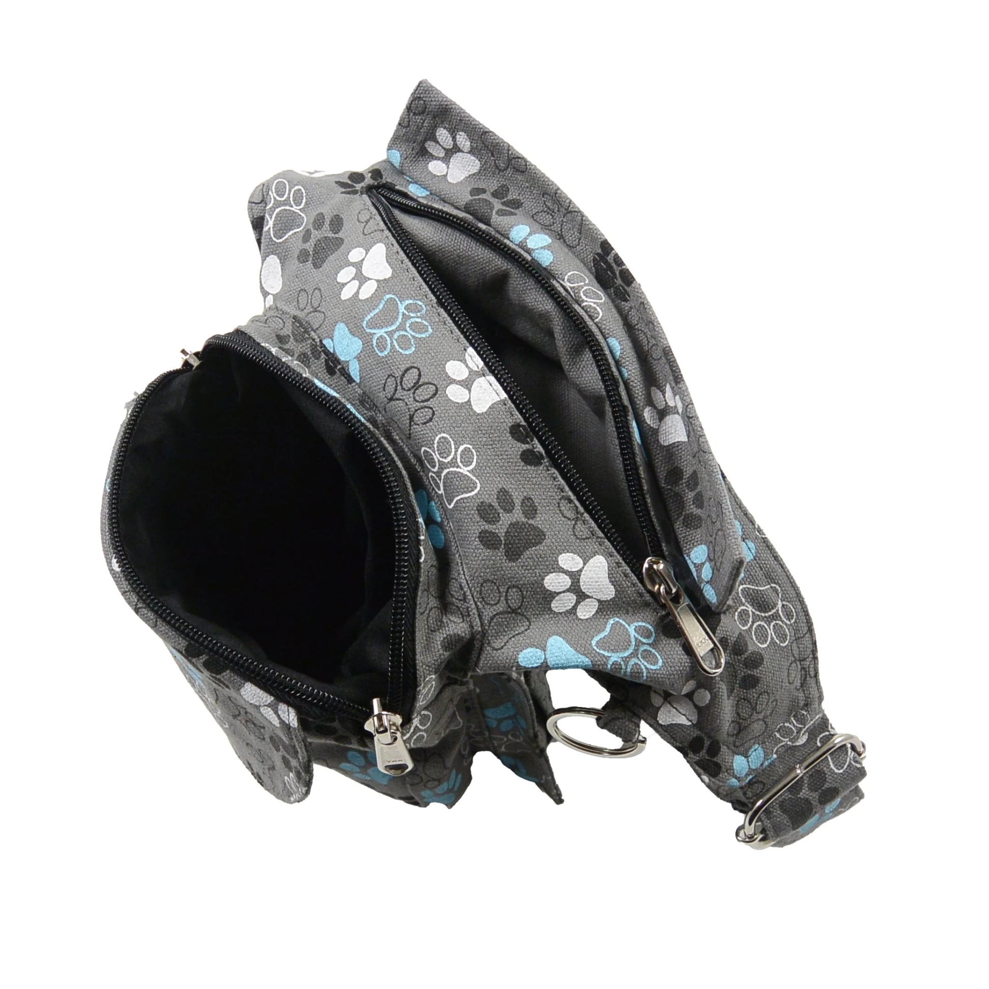 Vorderseite der Gassi-Tasche Barcelona in Grau mit stilvollem Pfotenmuster und Reißverschluss