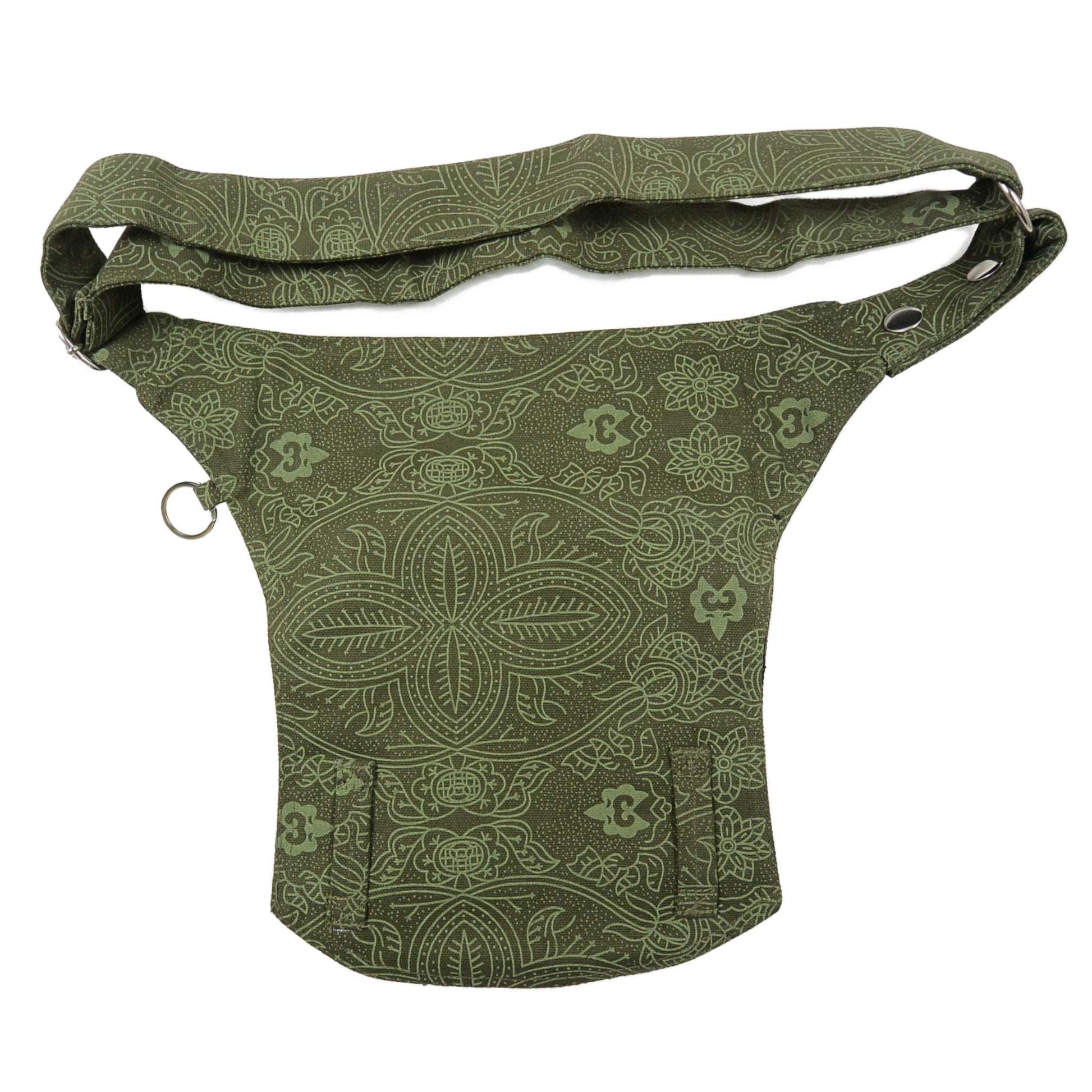 Gassi-Tasche Stoff Olivgrün mit Om-Muster.