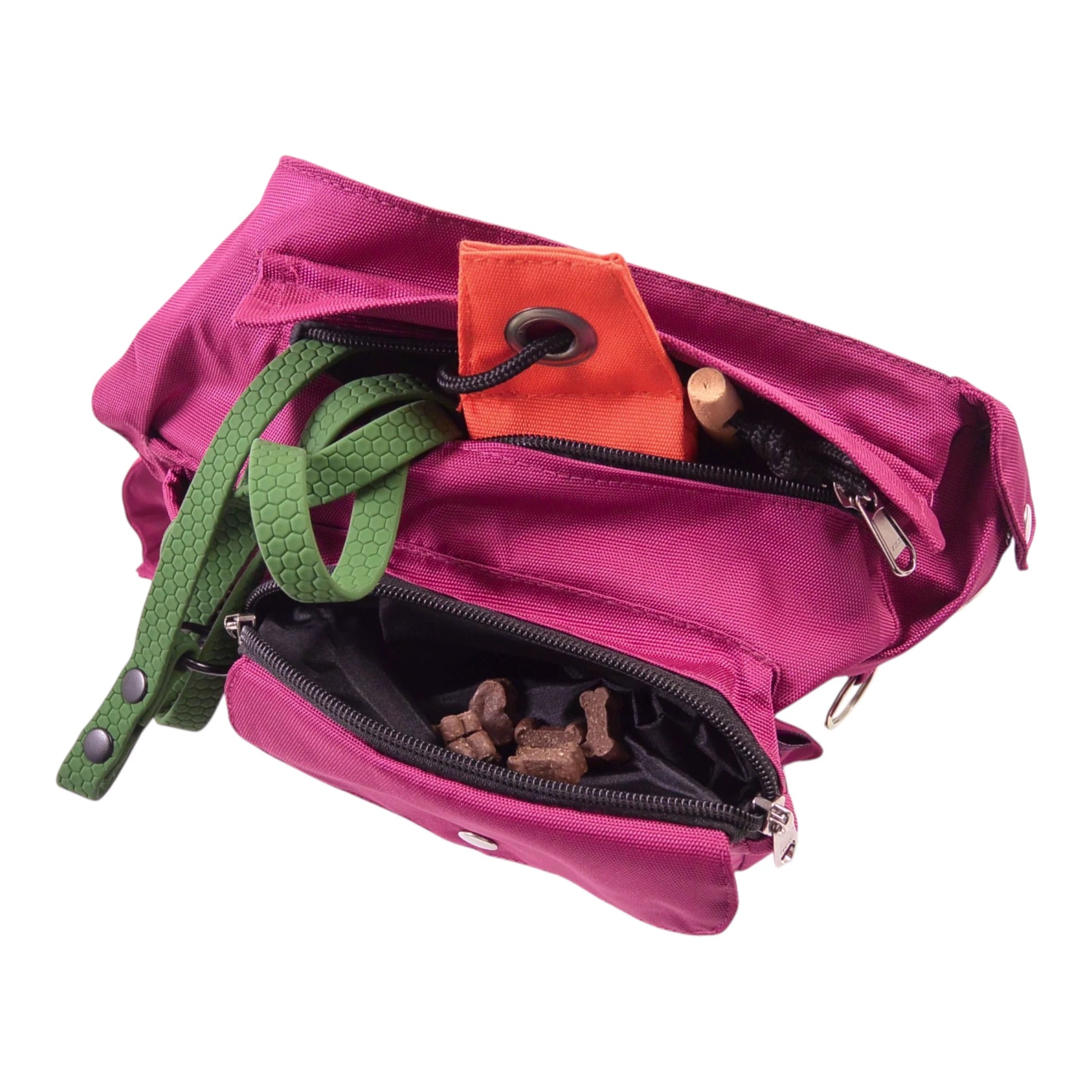 Wasserabweisende Gassi-Tasche „Brandenburg“ in Fuchsia, mit integriertem Getränkehalter und praktischem Stauraum für unterwegs – Innenansicht