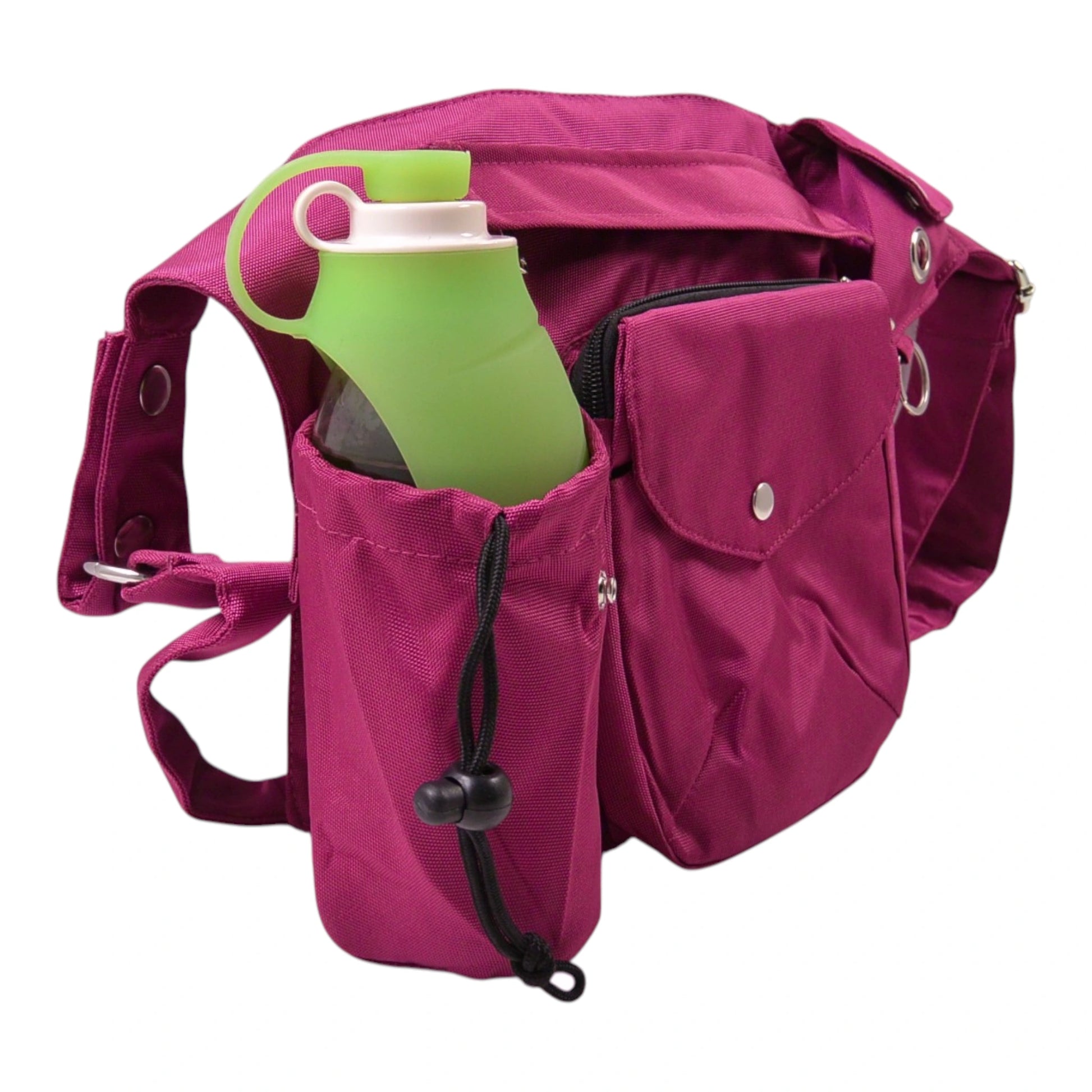 Wasserabweisende Gassi-Tasche „Brandenburg“ in Fuchsia, mit integriertem Getränkehalter und praktischem Stauraum für unterwegs – Seitenansicht