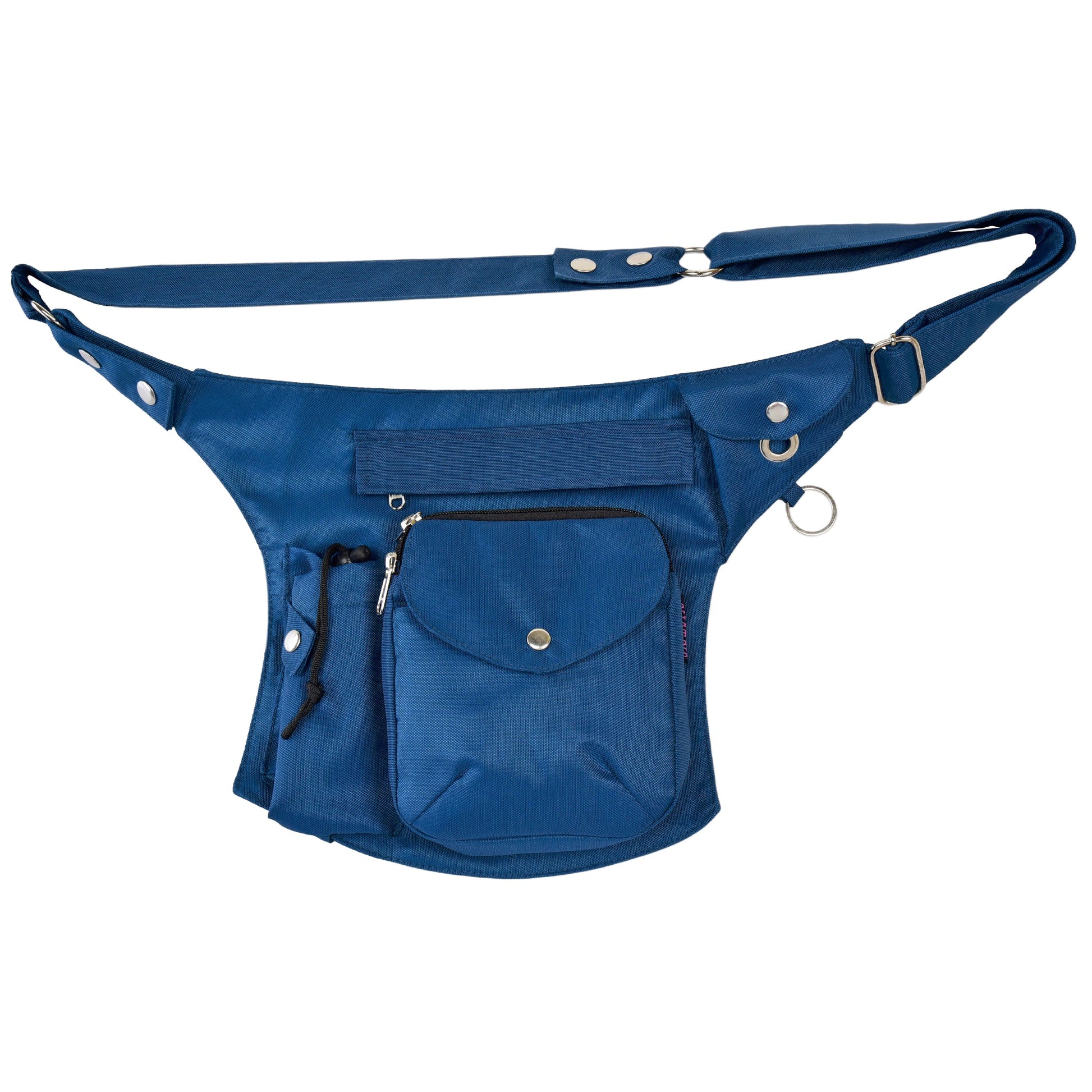 Praktische Bauchtasche in Petrol mit Reißverschlüssen und Fächern für Hundepfeife, Handy und Kotbeutel.