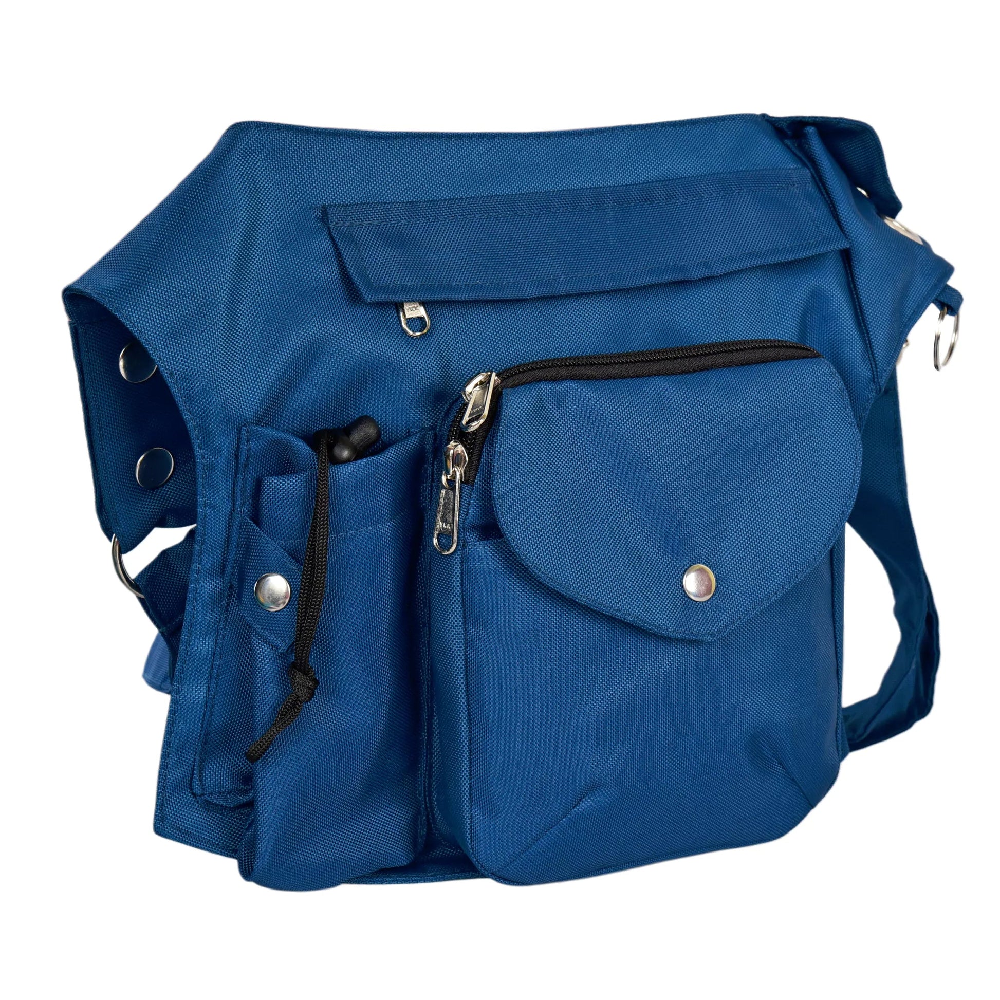 Seitliche Ansicht der blauen Gassitasche mit Trinkflaschenhalter und viel Stauraum für Trainingsutensilien.