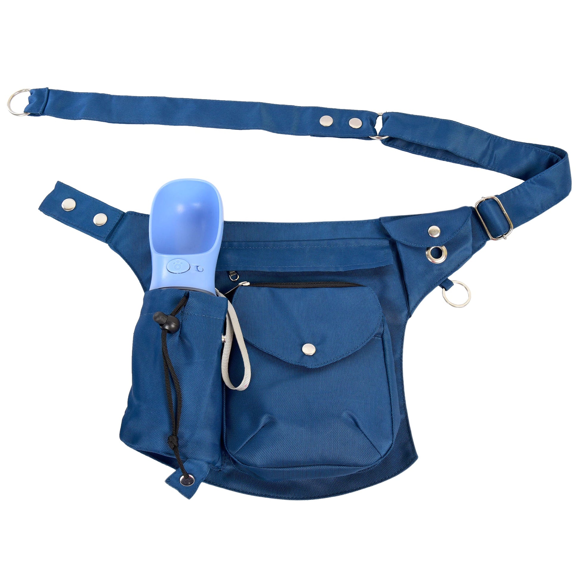 Nijens-Bauchtasche mit Flaschenfach, blauer Trinkflasche und Kordelzug für sicheren Halt.