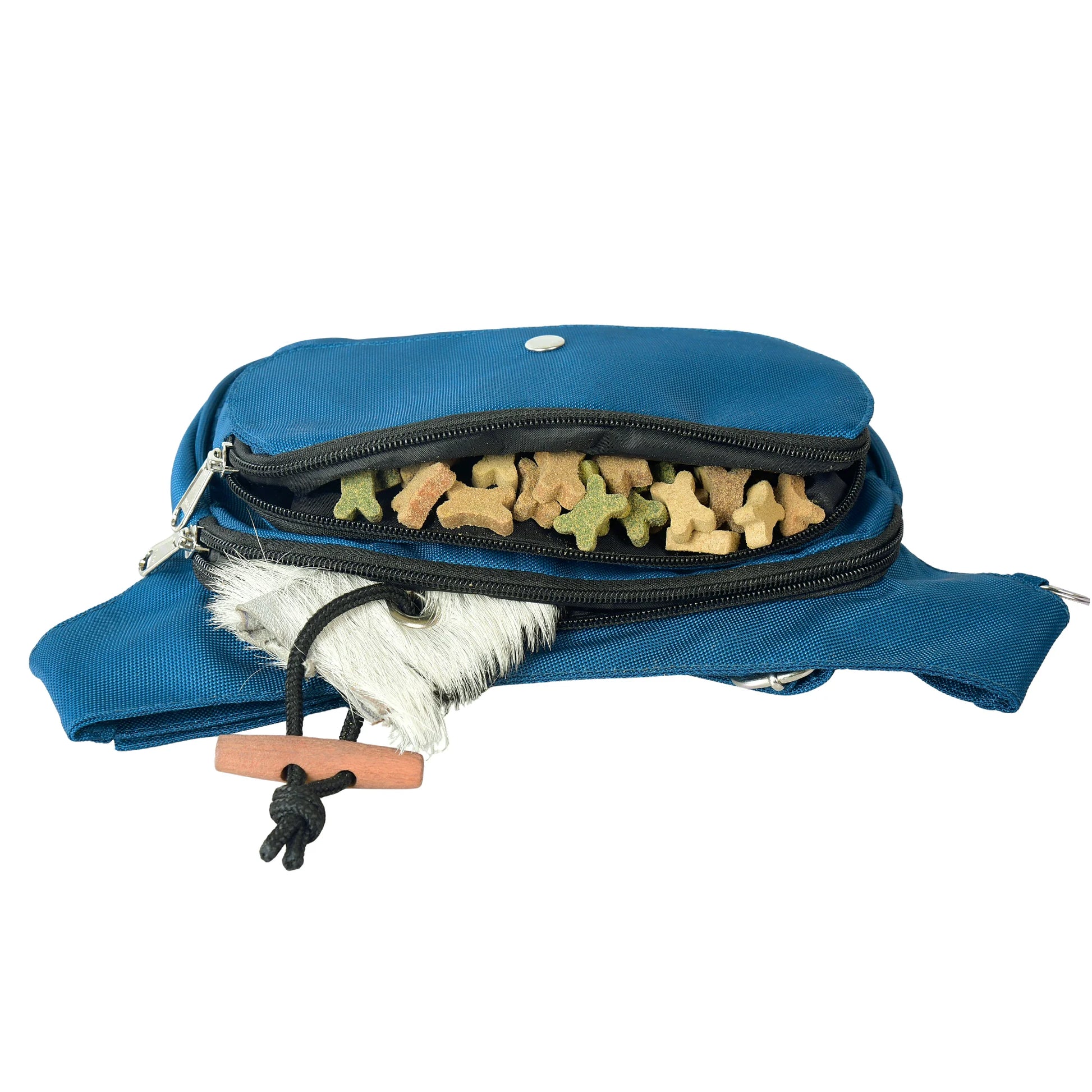 Innenansicht der Frankfurt Gassi-Tasche in Petrolblau – mehrere Fächer für Leckerlis, Wurf-Dummys