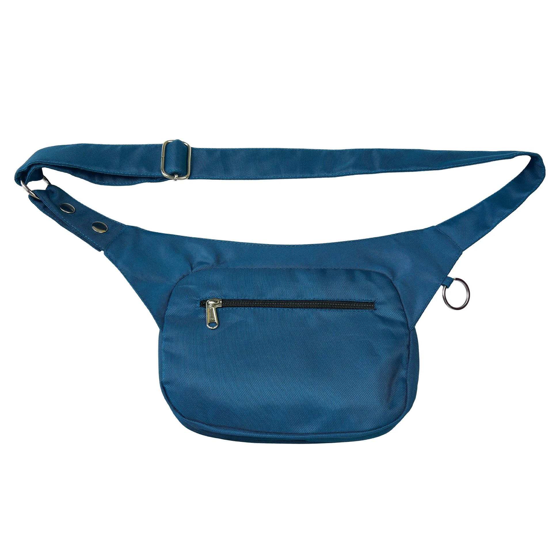 Rückseite der wasserabweisenden Hüfttasche Frankfurt in Petrol-Blau mit Reißverschlussfach