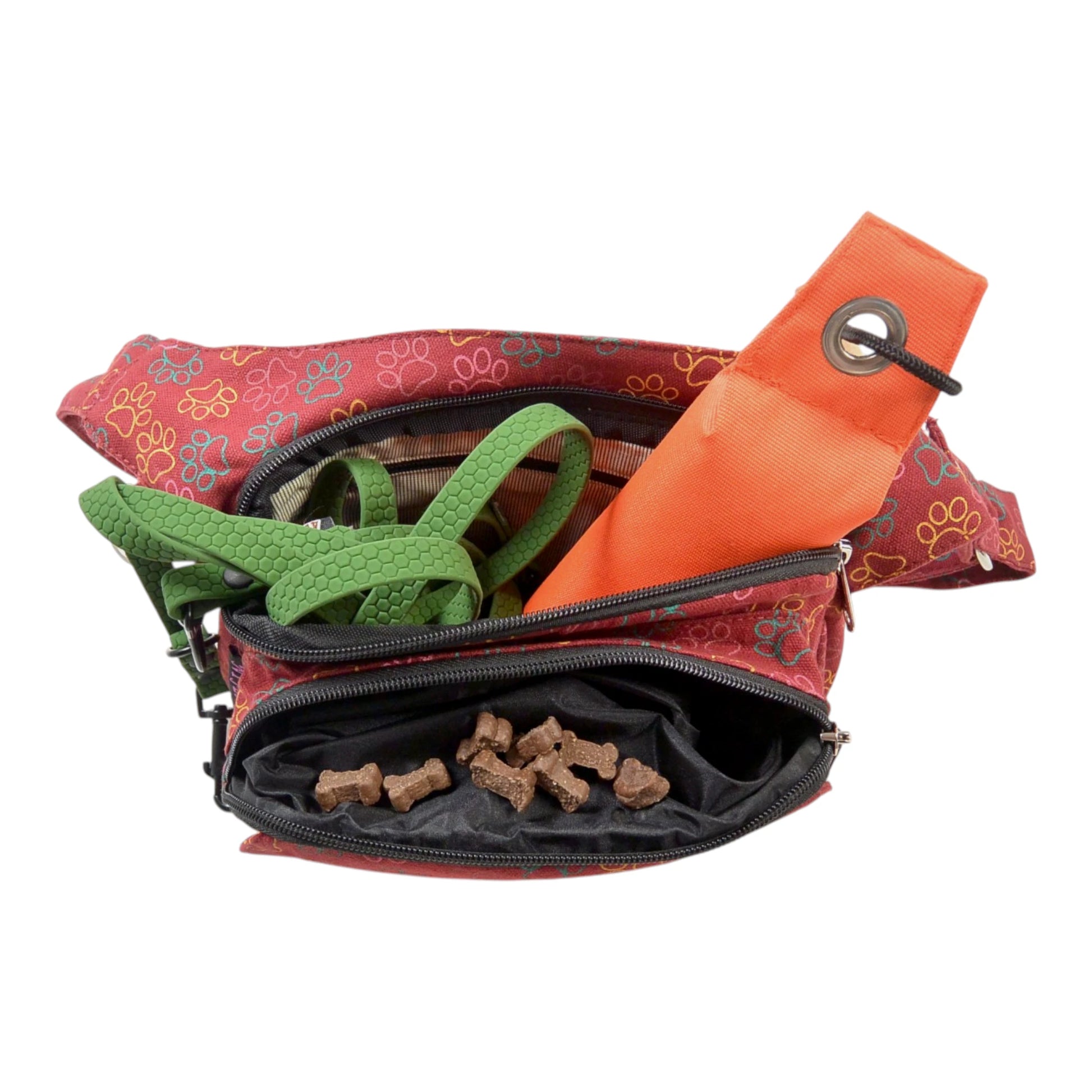 Nijens Gürteltasche Gassi-Tasche S-XXXL für Hunde Wanderung (Pfoten-Design Rot-Orange). Innenansicht.