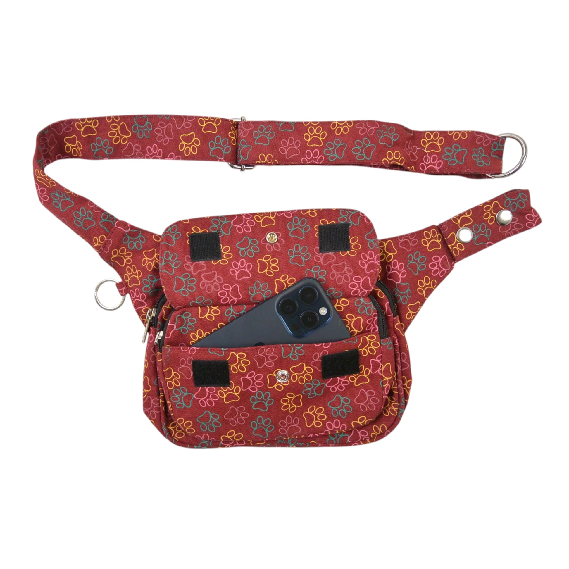 Nijens Gürteltasche Gassi-Tasche S-XXXL für Hunde Wanderung (Pfoten-Design Rot-Orange). Handyfach
