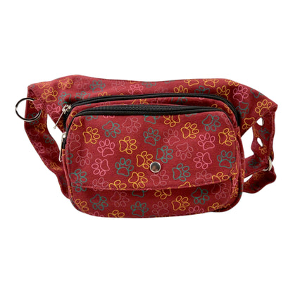 Nijens Gürteltasche Gassi-Tasche für Hunde Wanderung (Pfoten-Design Rot-Orange). Frontalansicht.