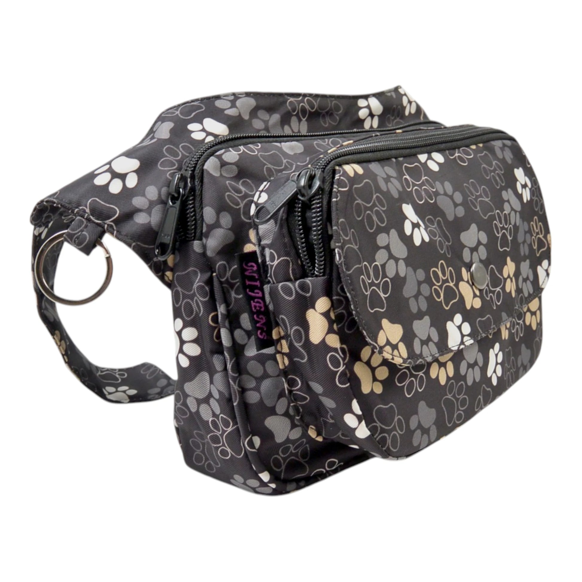 Wasserabweisende Gassi-Tasche in Schwarz-Weiß mit stilvollem Pfoten-Design. Leicht, robust & ideal für Hundeliebhaber:innen. Seitenansicht