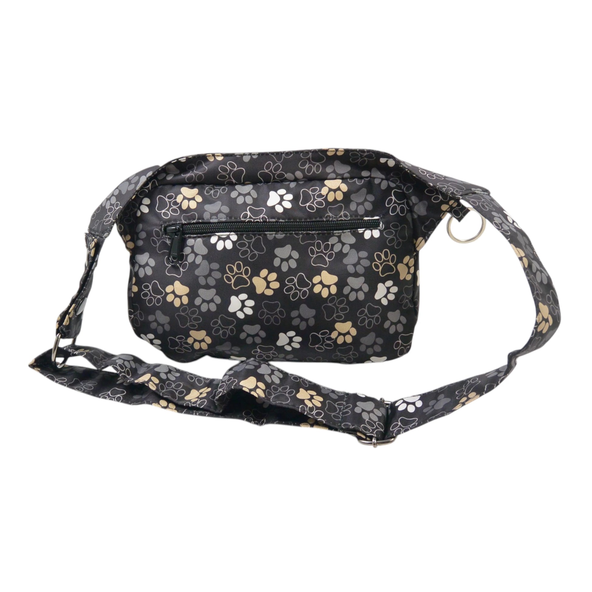 Wasserabweisende Gassi-Tasche in Schwarz-Weiß mit stilvollem Pfoten-Design. Rückansicht.