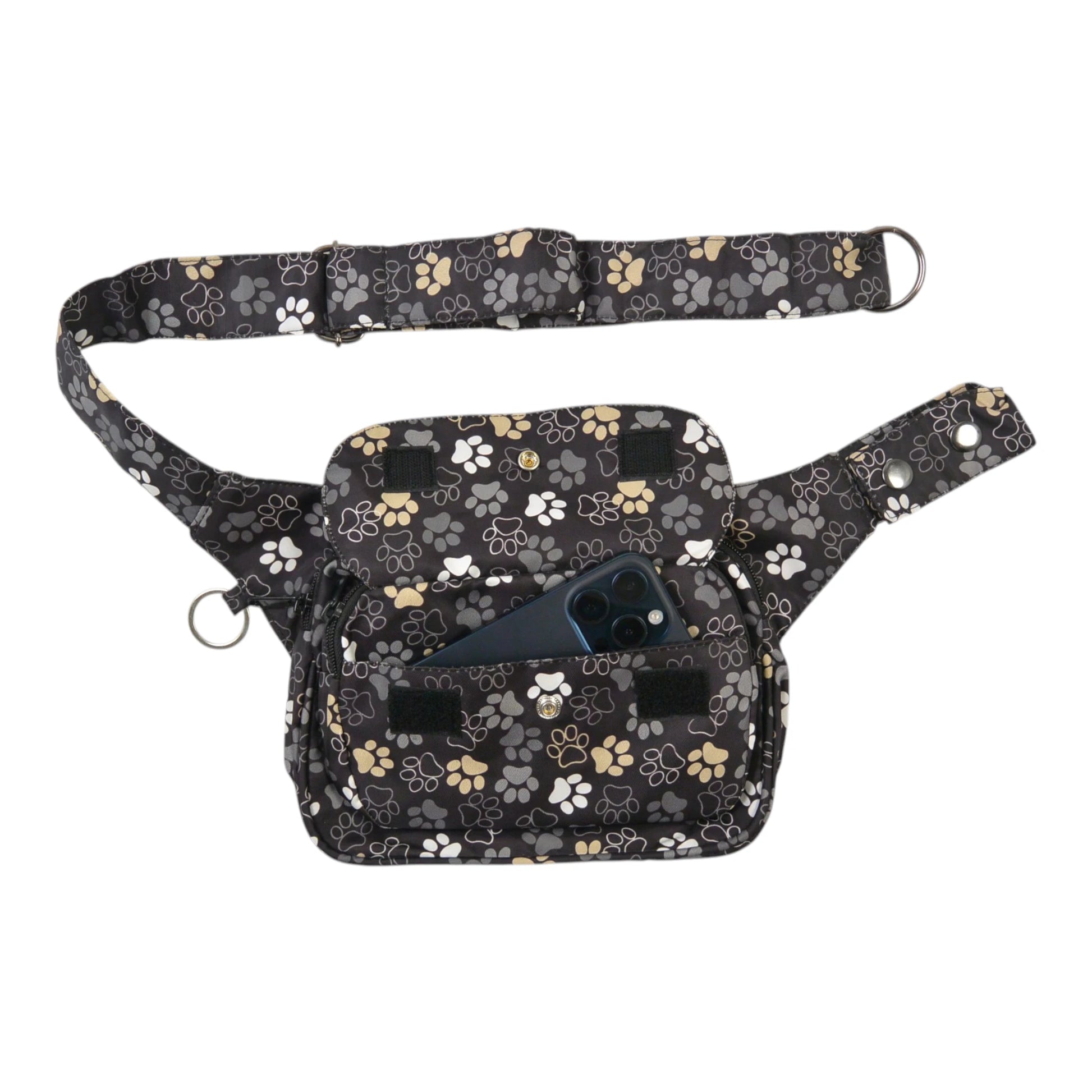 Wasserabweisende Gassi-Tasche in Schwarz-Weiß mit stilvollem Pfoten-Design mit Handyfach.