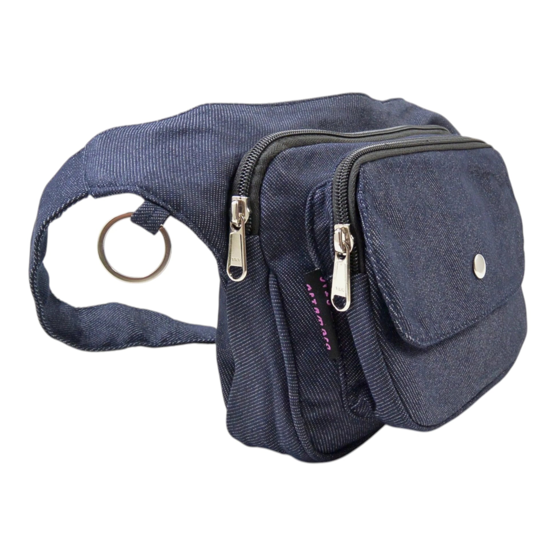 Dunkelblaue Gassi-Tasche Frankfurt aus Denim – praktische Hüfttasche für Hundespaziergänge. Seitenansicht.