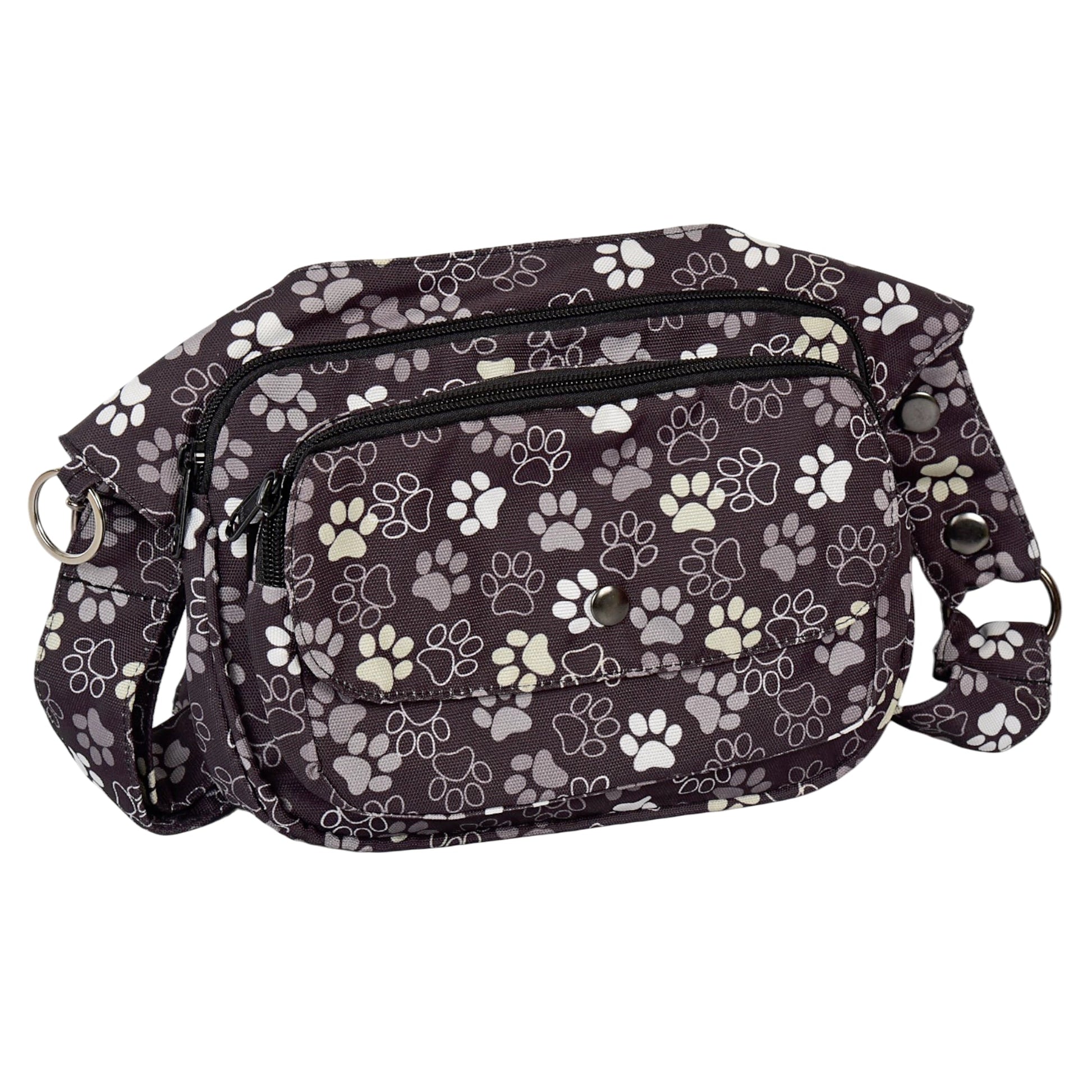 Wasserdichte Gassi-Tasche in schwarz mit großen Pfoten-Prints. 5 Fächer, Leckerli-Fach und Hüftgurt – ideal für stylische Hundespaziergänge. Nijens Shop