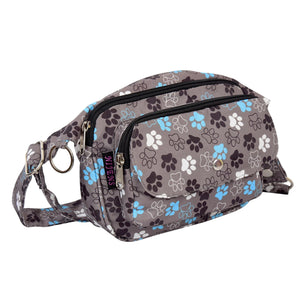 Wasserdichte Gassi-Tasche in Grau mit Pfoten-Prints. 5 Fächer, Leckerli-Fach und Hüftgurt – ideal für stylische Hundespaziergänge. Nijens Shop