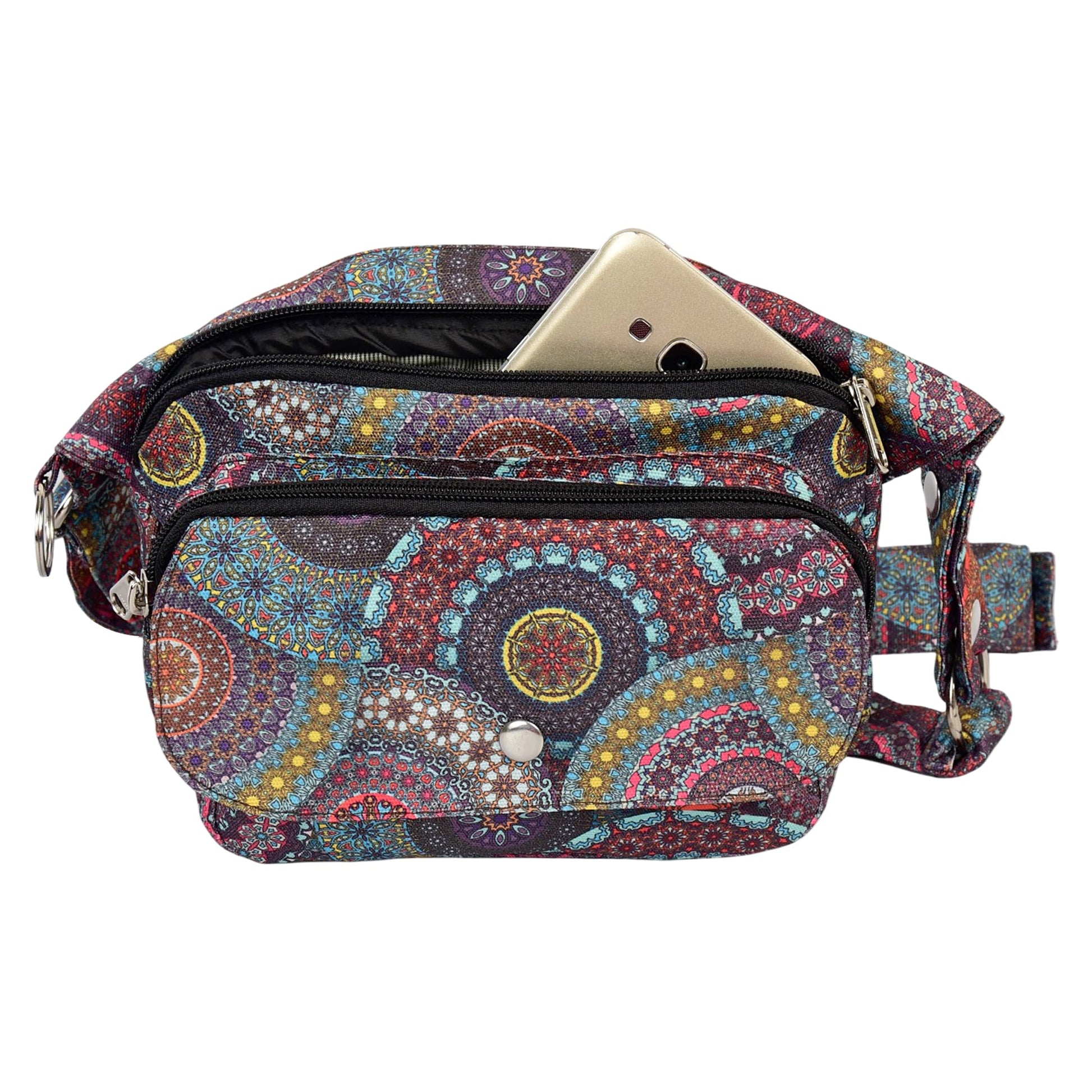 Vorderansicht der wasserdichten Gassi-Tasche mit Mandala-Design. Sie besitzt vier Fächer für Alltagsdinge und ein Fach für Hundeleckerlis. 