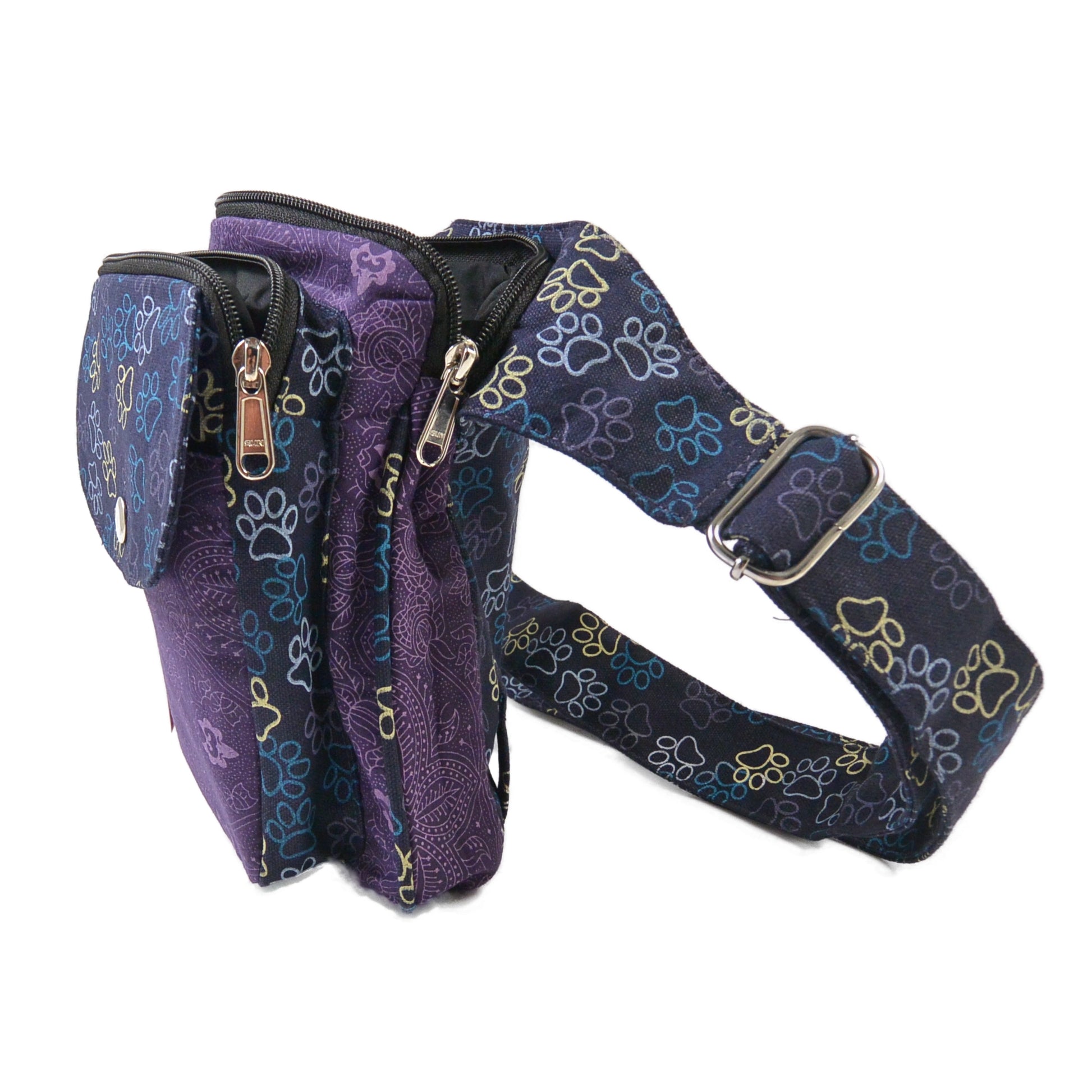 Seitenansicht der Lila Bauchtasche mit mehreren Fächern und verstellbarem Gurt