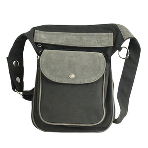 Gassitasche aus Canvas in Moosgrau mit grauen Echtleder-Details, Frontansicht mit Druckknopfklappe, Reißverschlussfach und verstellbarem Gurt