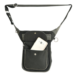 Gassitasche aus Canvas in Moosgrau mit grauen Echtleder-Details, Frontansicht mit Druckknopfklappe, Handyfach, Reißverschlussfach und verstellbarem Gurt