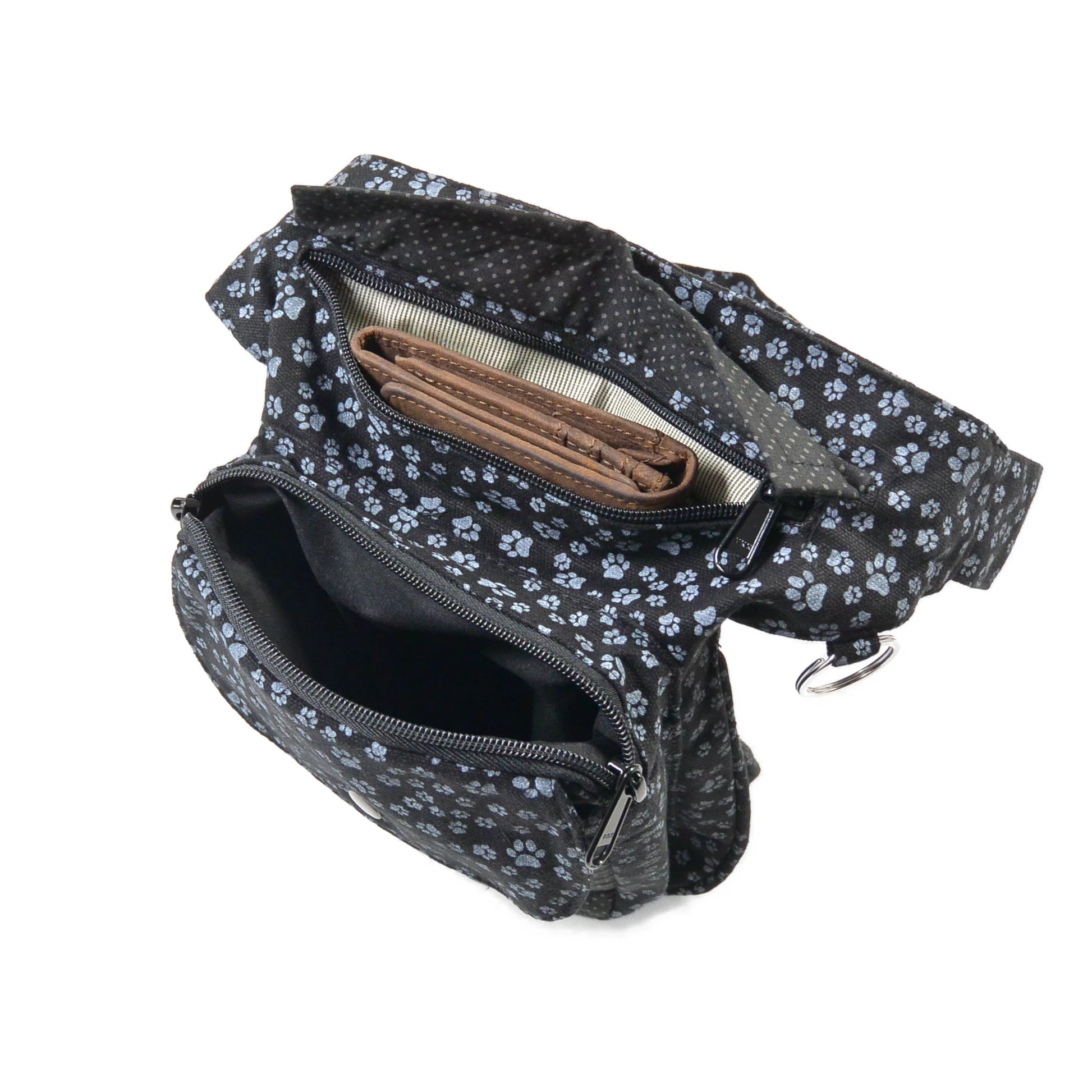 Gassi-Tasche für Hundebesitzer Leckerlitasche aus Stoff mit Pfotenmuster Grau-Schwarz, mit Handyfach