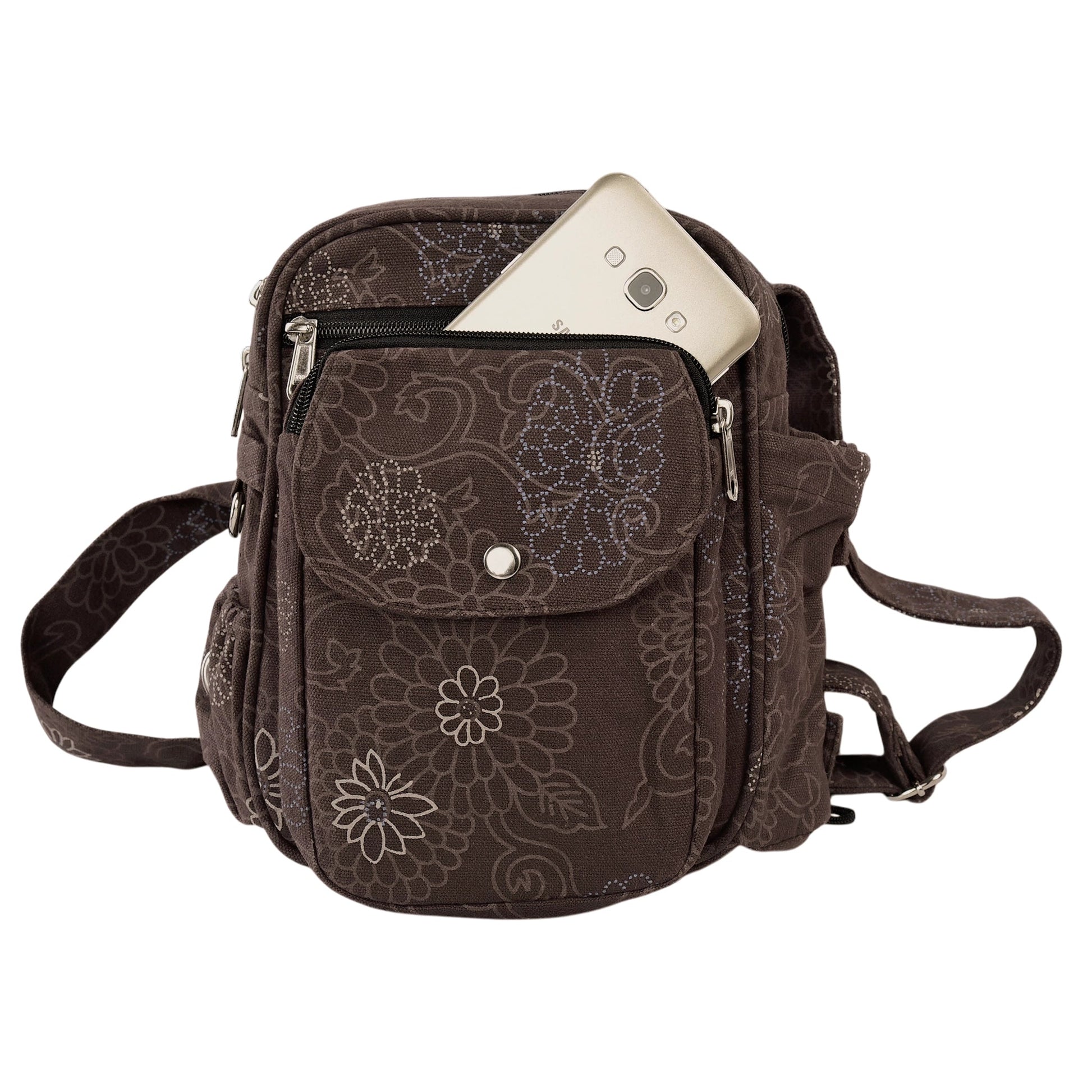 Smartphone in der Fronttasche der brauen Gassi-Tasche