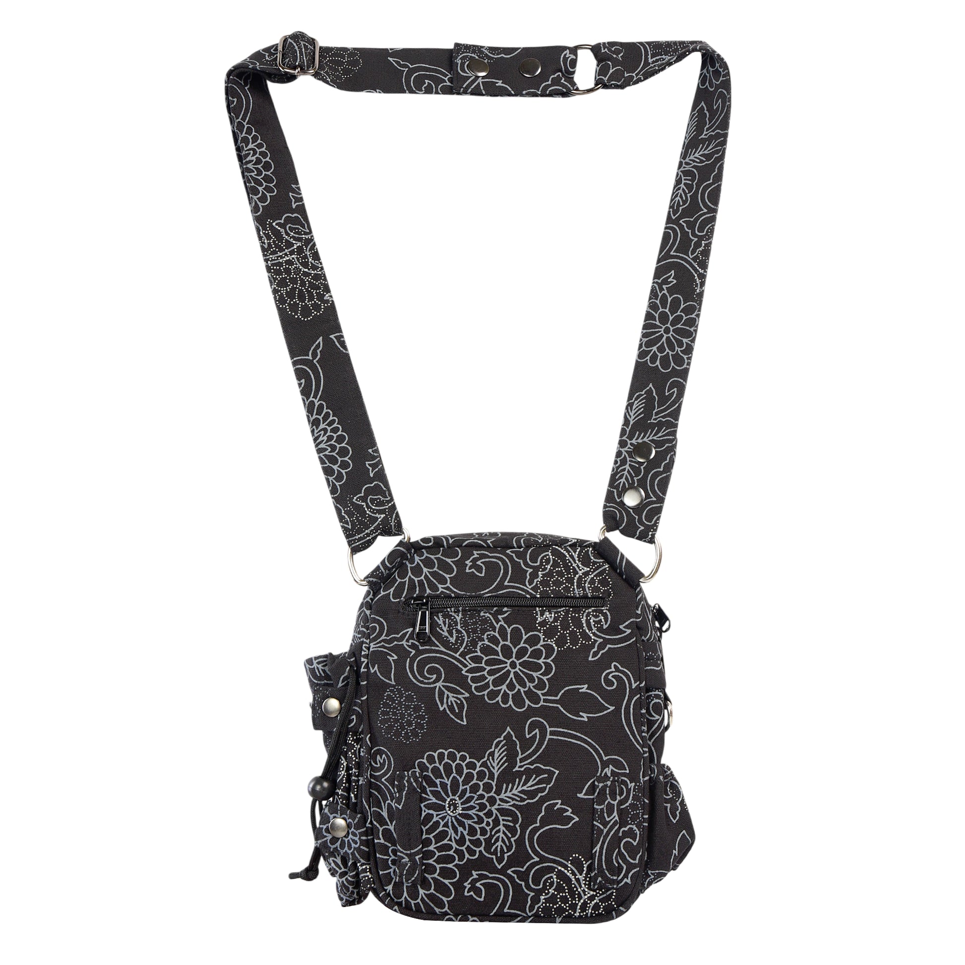 Rückansicht der Gassitasche Konstanz von Nijens in Schwarz mit floralem Muster und Reißverschlussfach.