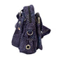 Seitenansicht der Tasche mit silbernen Ringen, Reißverschlüssen und Blumenmuster – funktional und dekorativ.