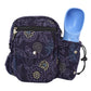Vorderansicht der Tasche mit integrierter blauer Hundetrinkflasche im seitlichen Halter.