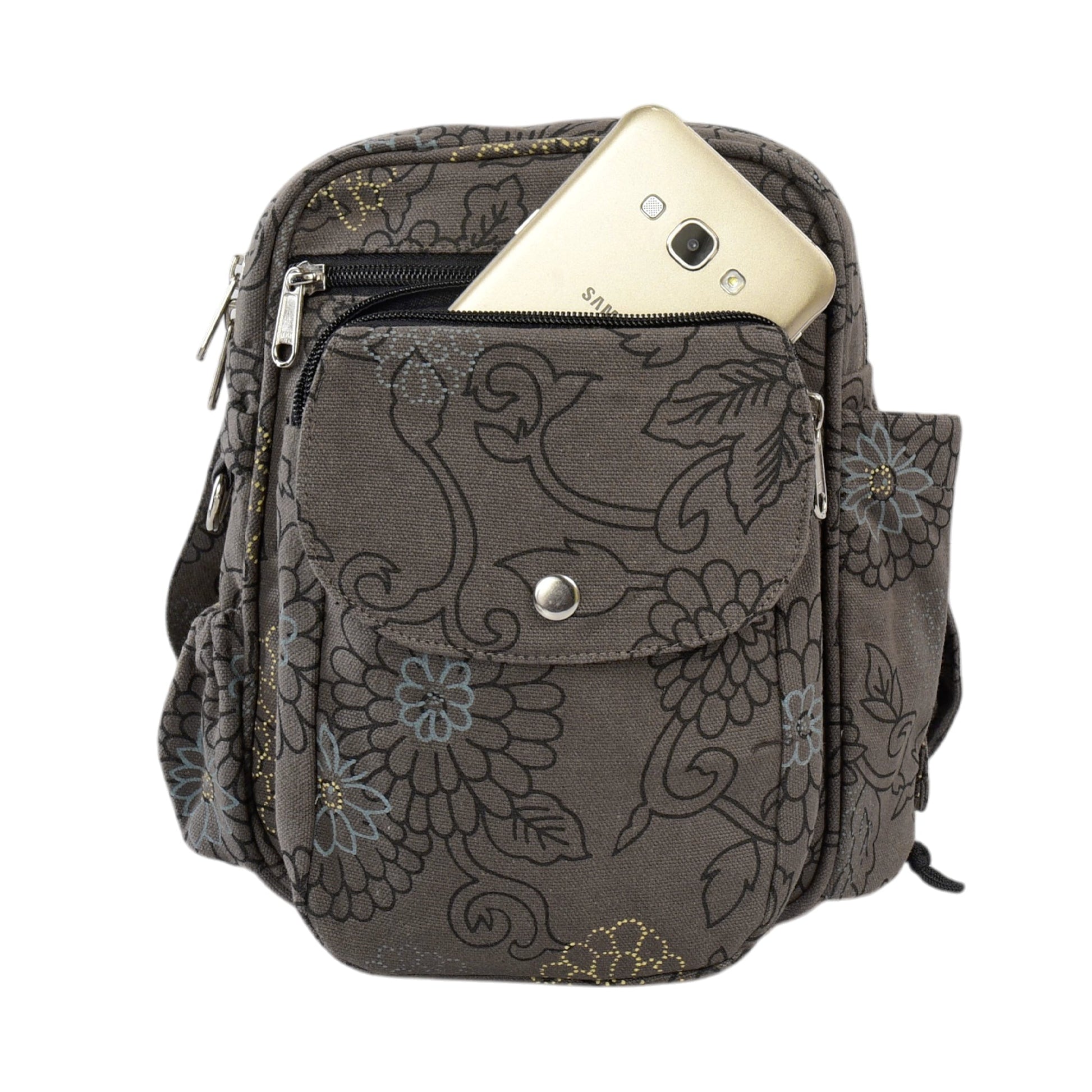 Smartphone in der Fronttasche der grauen Gassi-Tasche