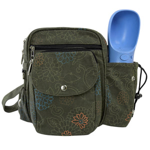 Vorderansicht der Tasche mit integrierter blauer Hundetrinkflasche im seitlichen Halter.  Nijens Shop