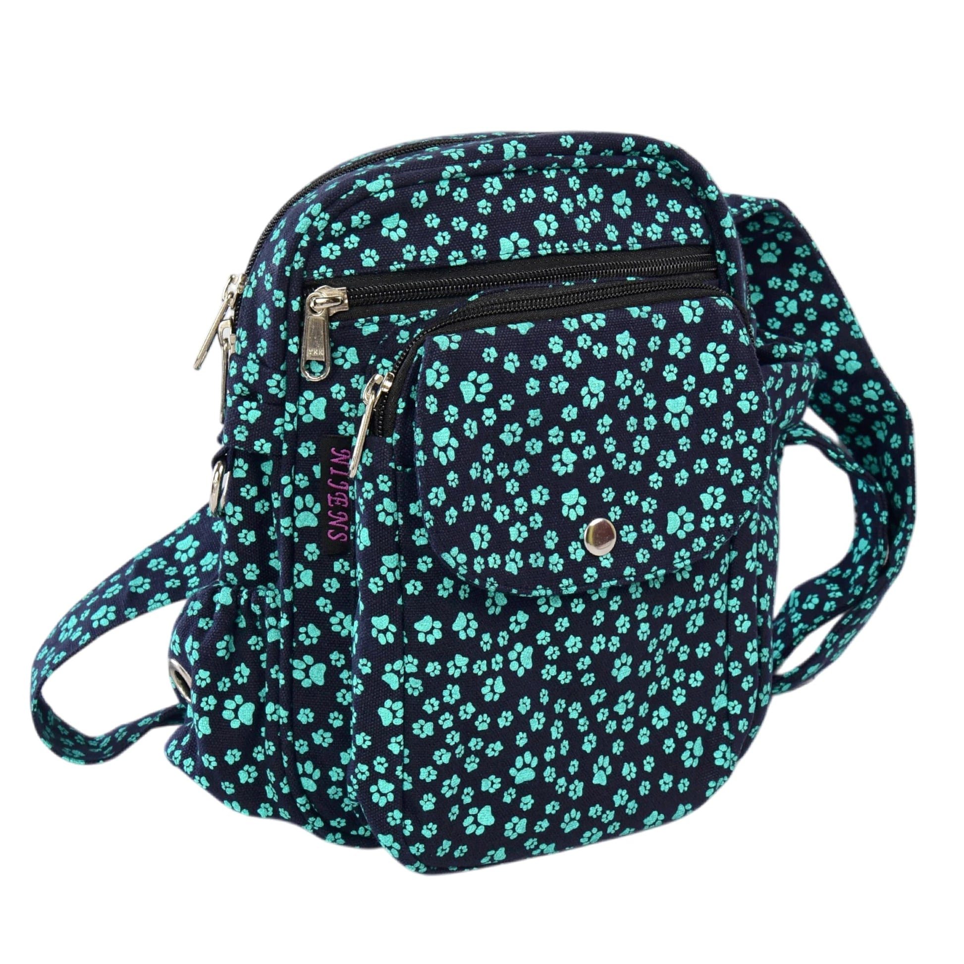 Gassi-Tasche aus Canvas mit mintfarbenem Pfotenmuster – mit Leckerlifach.