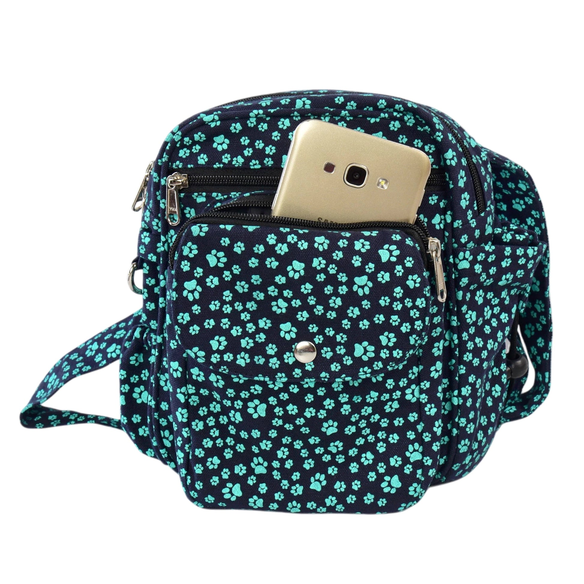 Gassi-Tasche aus Canvas mit mintfarbenem Pfotenmuster – mit Handyfach.