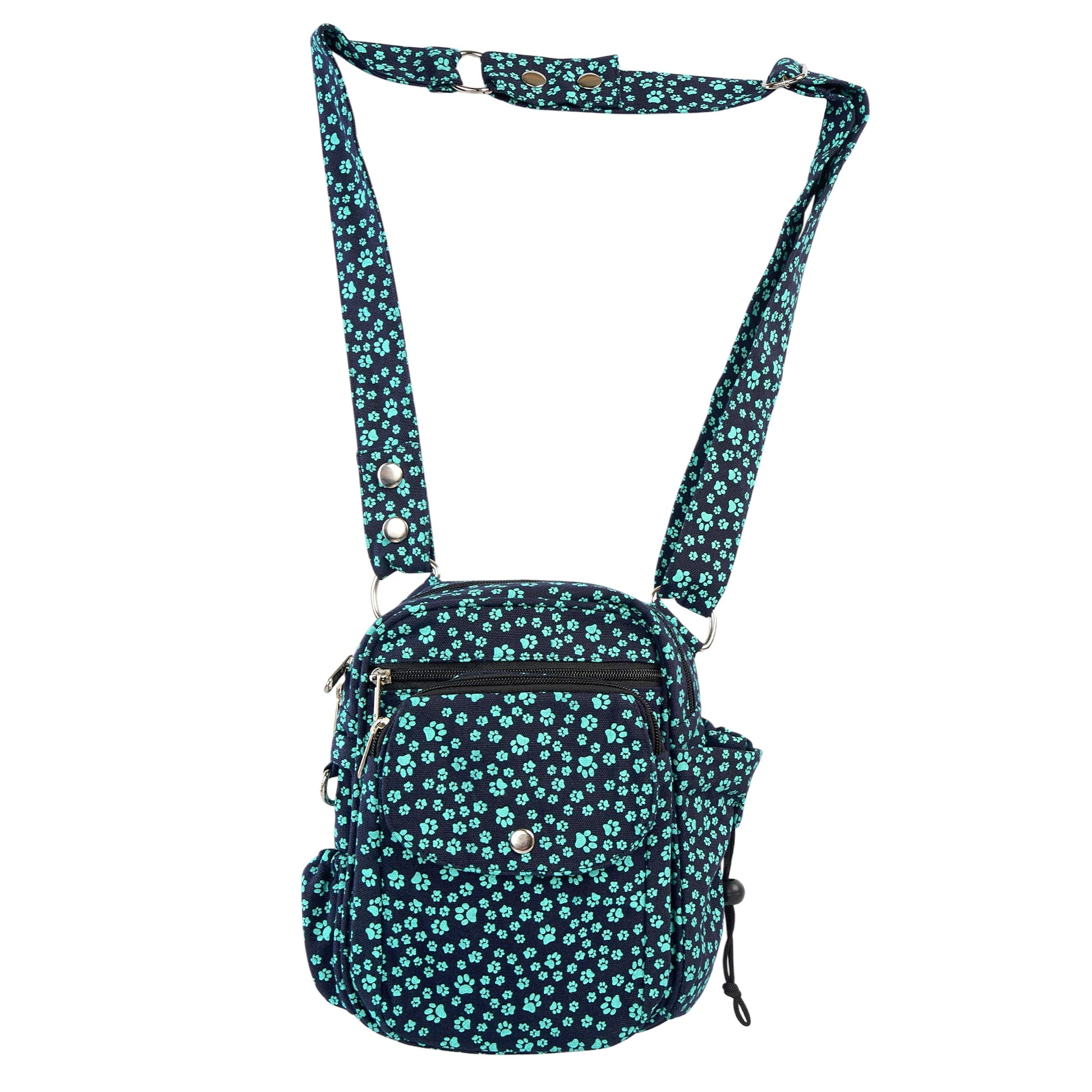 Gassi-Tasche aus Canvas mit mintfarbenem Pfotenmuster – mit Flaschenhalter & Leckerlifach. 