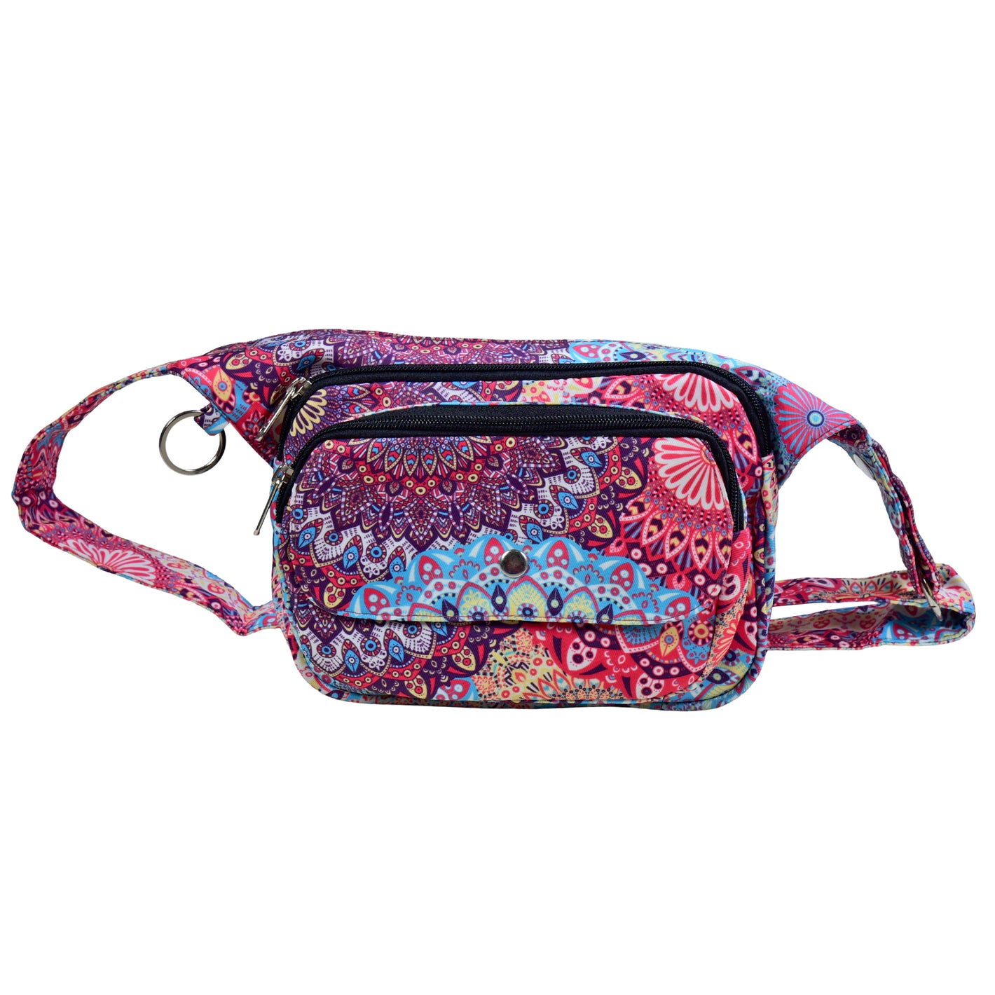 ijens Gassitasche aus Polyester mit farbenfrohem Mandala-Design, Frontansicht mit Reißverschluss- und Druckknopffach.