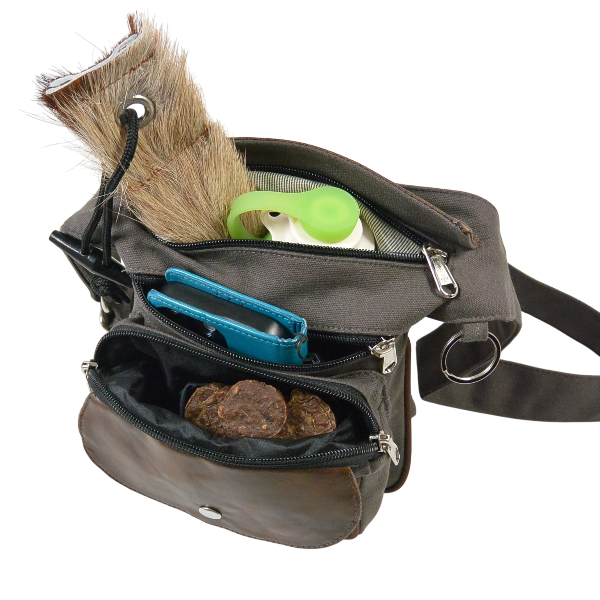 Offene Nijens Gassitasche aus Canvas-Baumwolle in Grau mit braunen Rexine-Applikationen, Leckerlifach mit Snacks, Handyfach und Wasserflasche im Hauptfach.