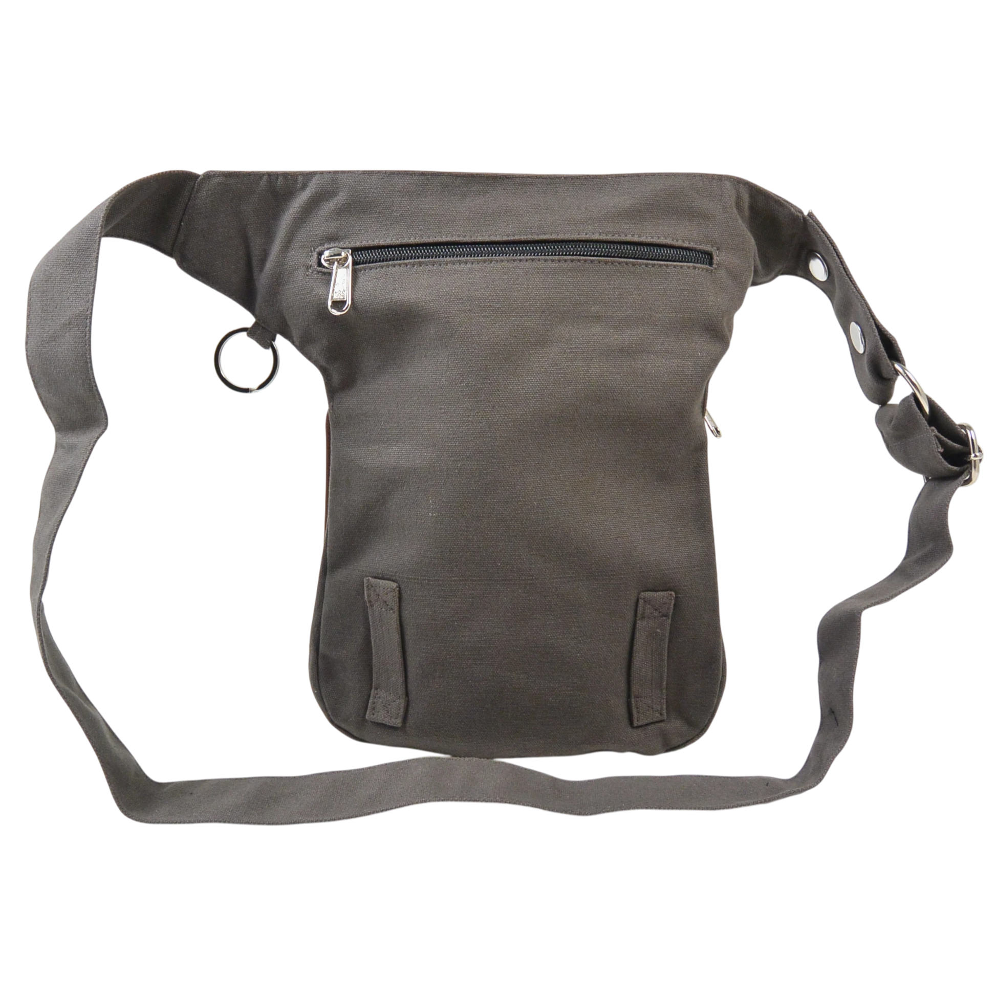 Nijens Gassitasche aus Canvas-Baumwolle in Grau, Rückansicht mit Gürtelschlaufen und D-Ring.